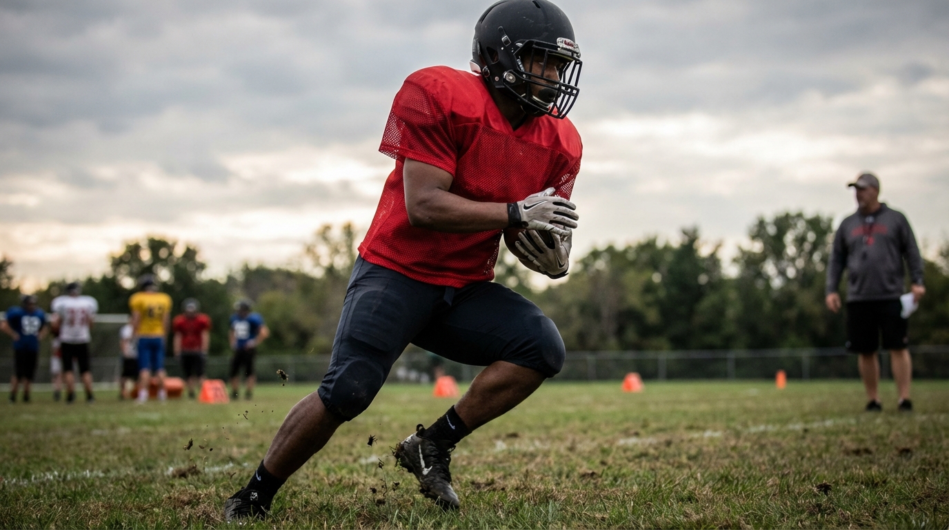Football player wearing a red non-contact practice jersey, mid-stride on a grass field
