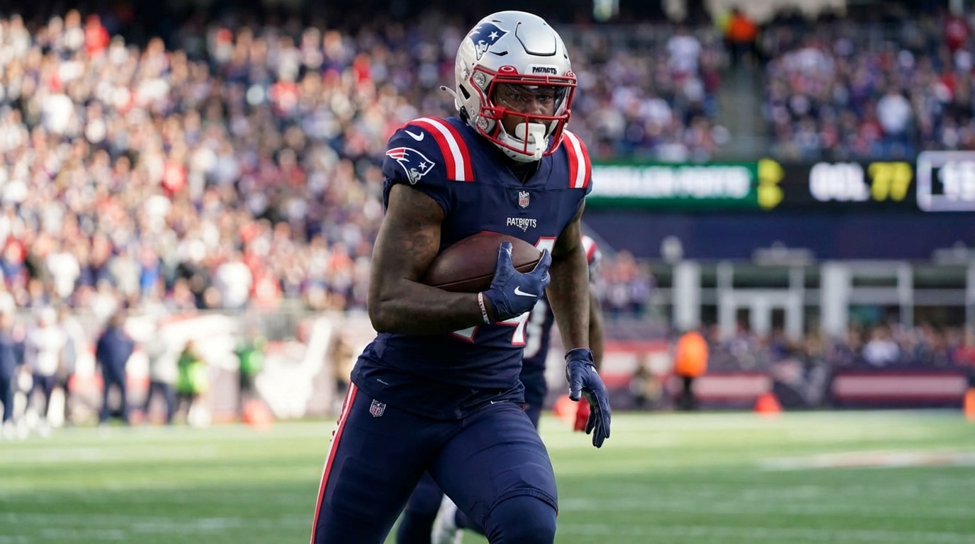 Stefon Diggs celebrating after a catch in a New England Patriots uniform