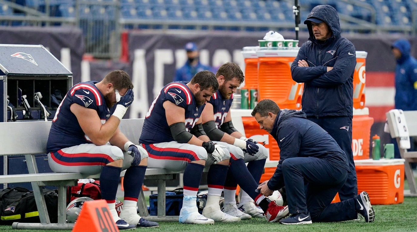 Patriots players on the sideline during a game, some receiving treatment
