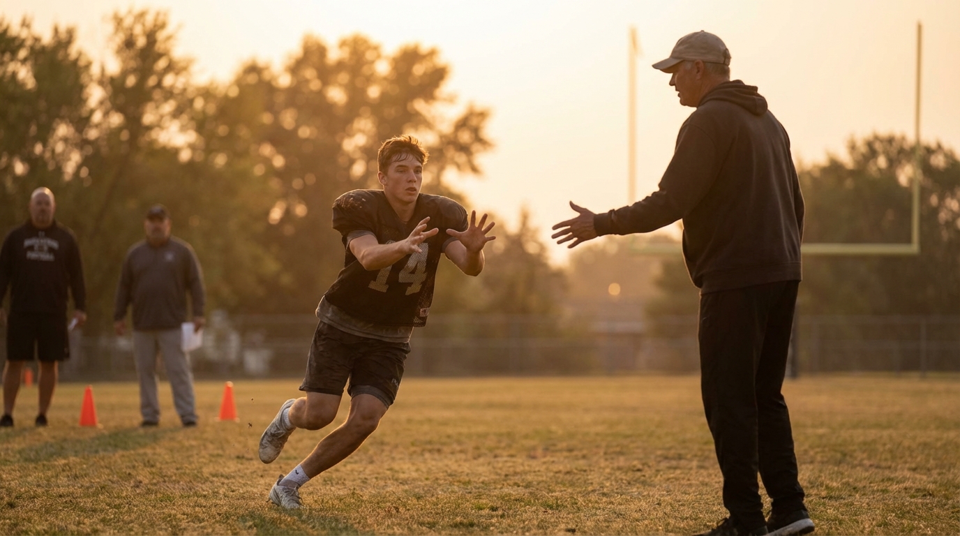 Rookie receiver running route on a practice field with veteran quarterback coaching nearby, golden hour.