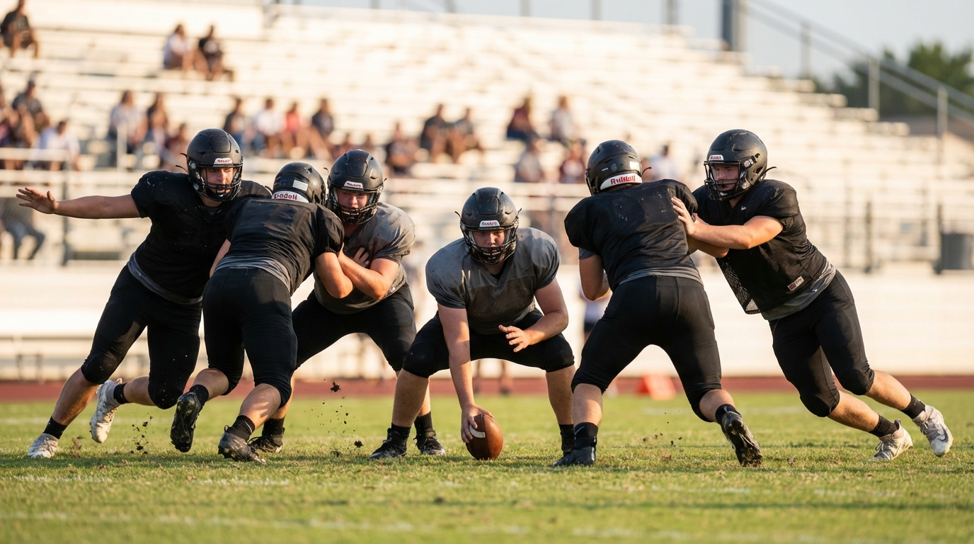 Youthful offensive line in action on a football field