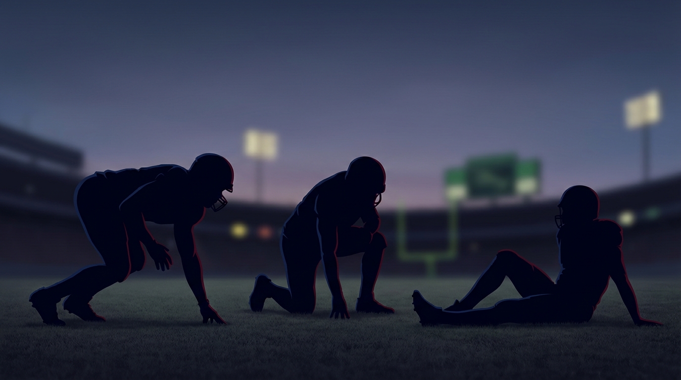 Silhouettes of three injured Patriots defensive players on a football field with Jets stadium lights in the background