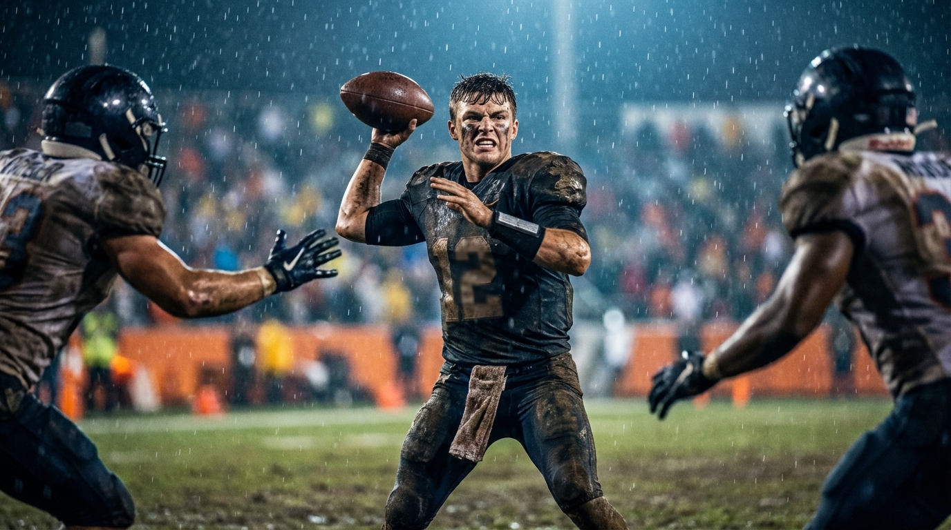 Quarterback mid-throw under stadium lights, rain and defenders closing in, gritty determination