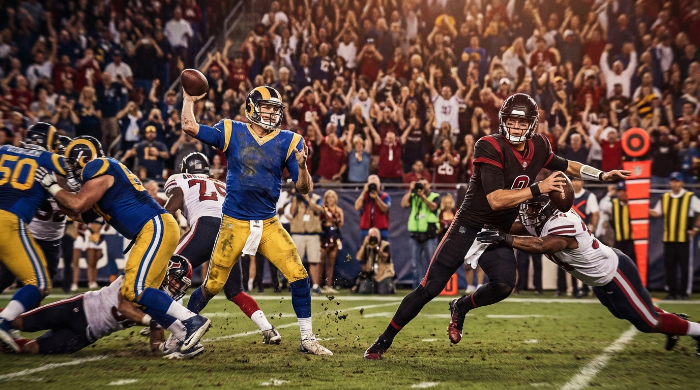 Dramatic wide-angle action shot of two quarterbacks, one in blue-gold releasing a pass from a collapsing pocket and the other in a contrasting dark uniform rolling out to evade a tackler, with stadium lights, flying turf, and an engaged crowd.