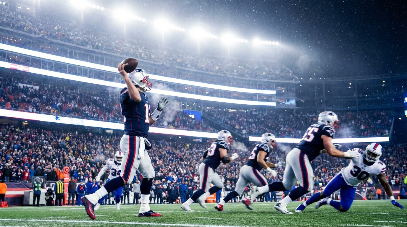 Dynamic low angle photo of a Patriots quarterback throwing on the road under stadium lights, with receivers and defenders in motion, cold breath visible, and crowd in the background.
