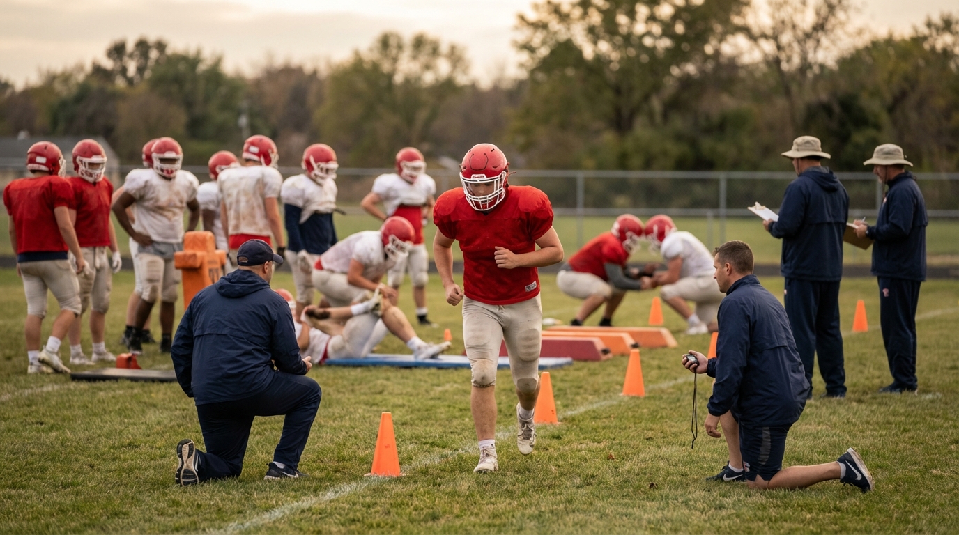 Practice scene with players in non-contact jerseys on a grass field during late afternoon