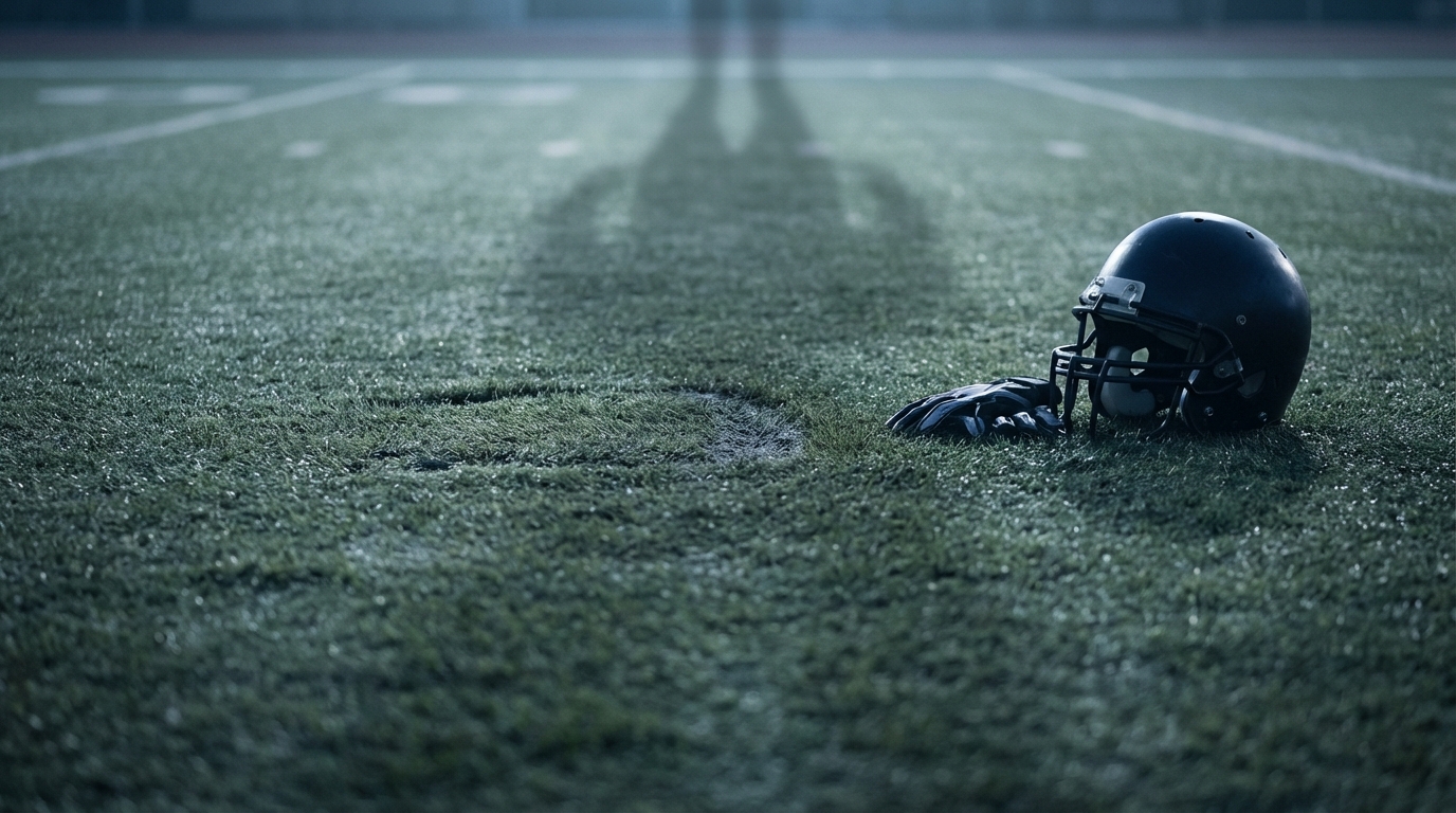 Empty spot on the line of scrimmage with a helmet and gloves on turf, a fading shadow silhouette of a tall receiver indicating absence