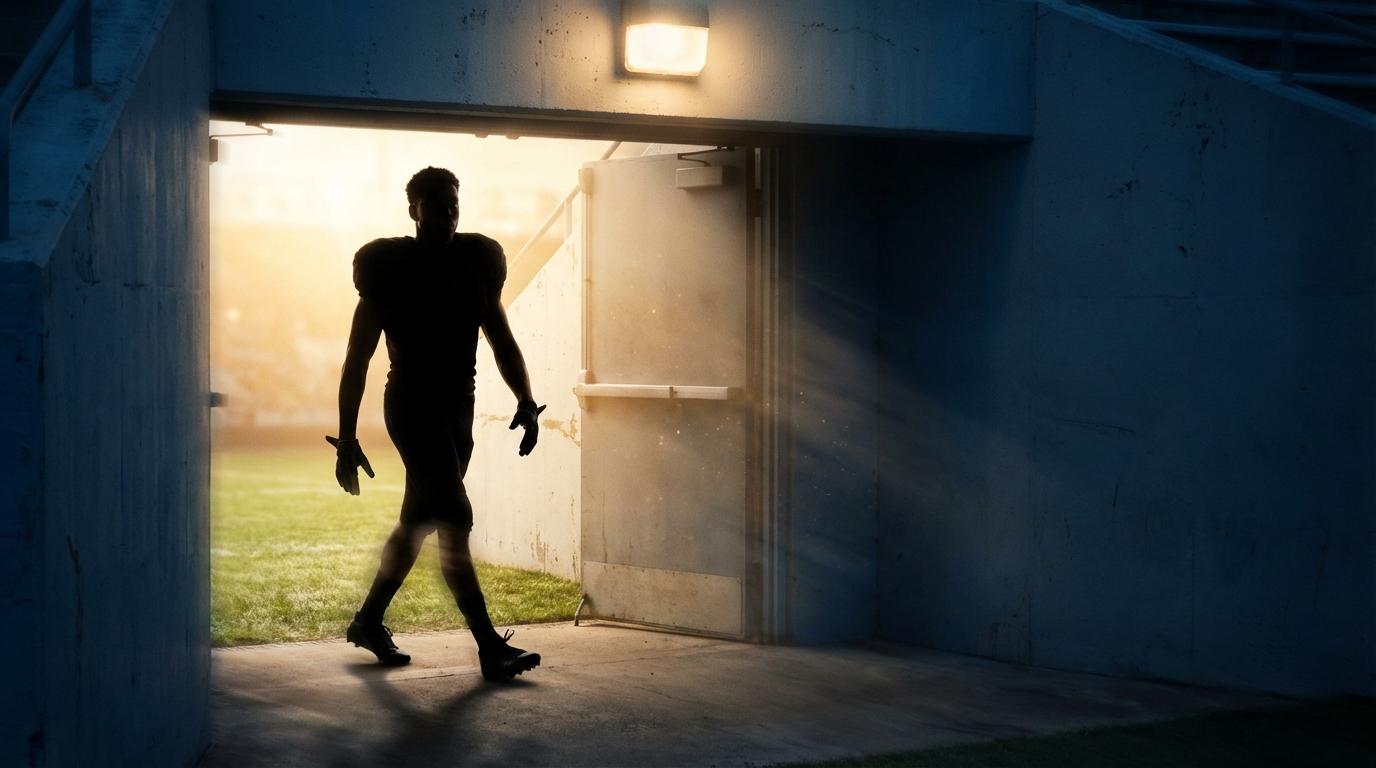 Silhouette of a young football receiver stepping from a stadium tunnel into bright light symbolizing opportunity