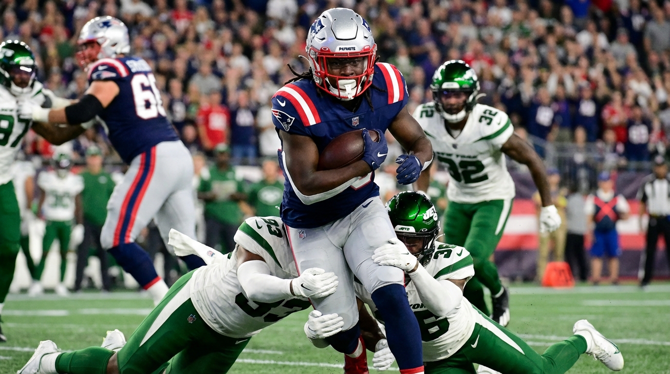 Rhamondre Stevenson powering through Jets defenders