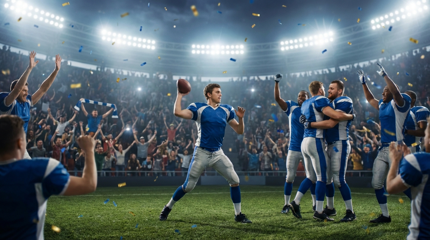 Celebratory scene at MetLife with a young quarterback mid-throw and teammates celebrating