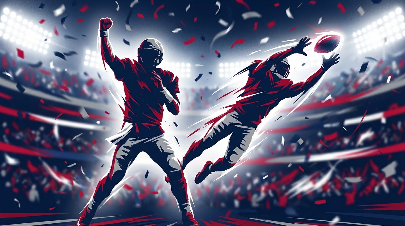 Celebratory silhouettes of a quarterback and receiver amid stadium lights and confetti