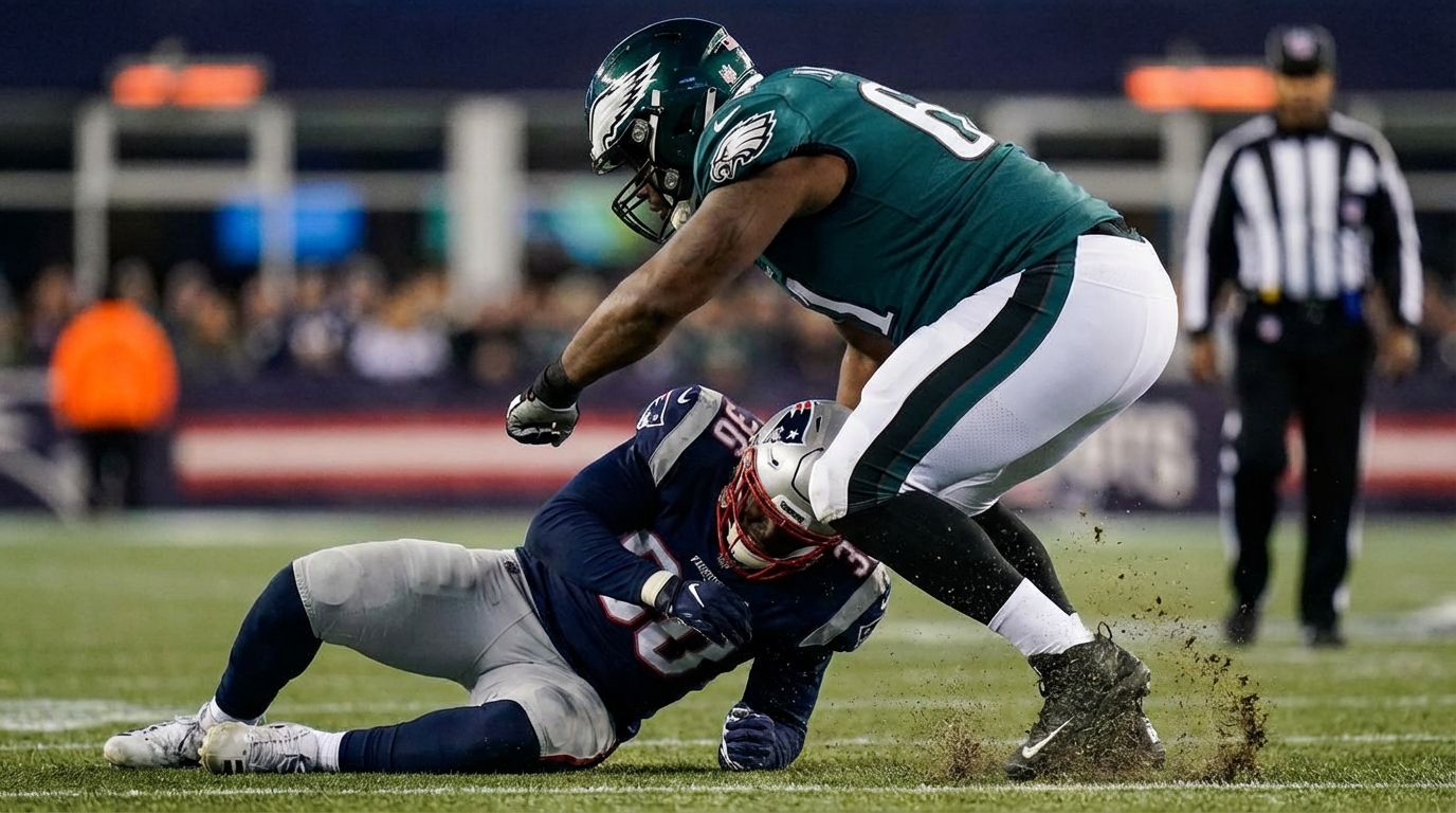 Halftime confrontation: defensive lineman on ground with offensive lineman landing on his back