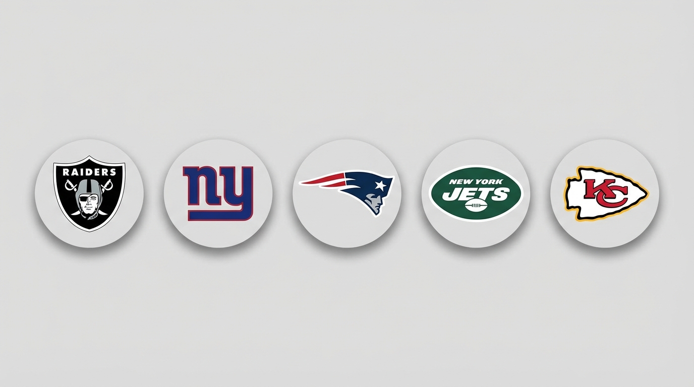 NFL team logos: Raiders, Giants, Patriots, Jets, Chiefs