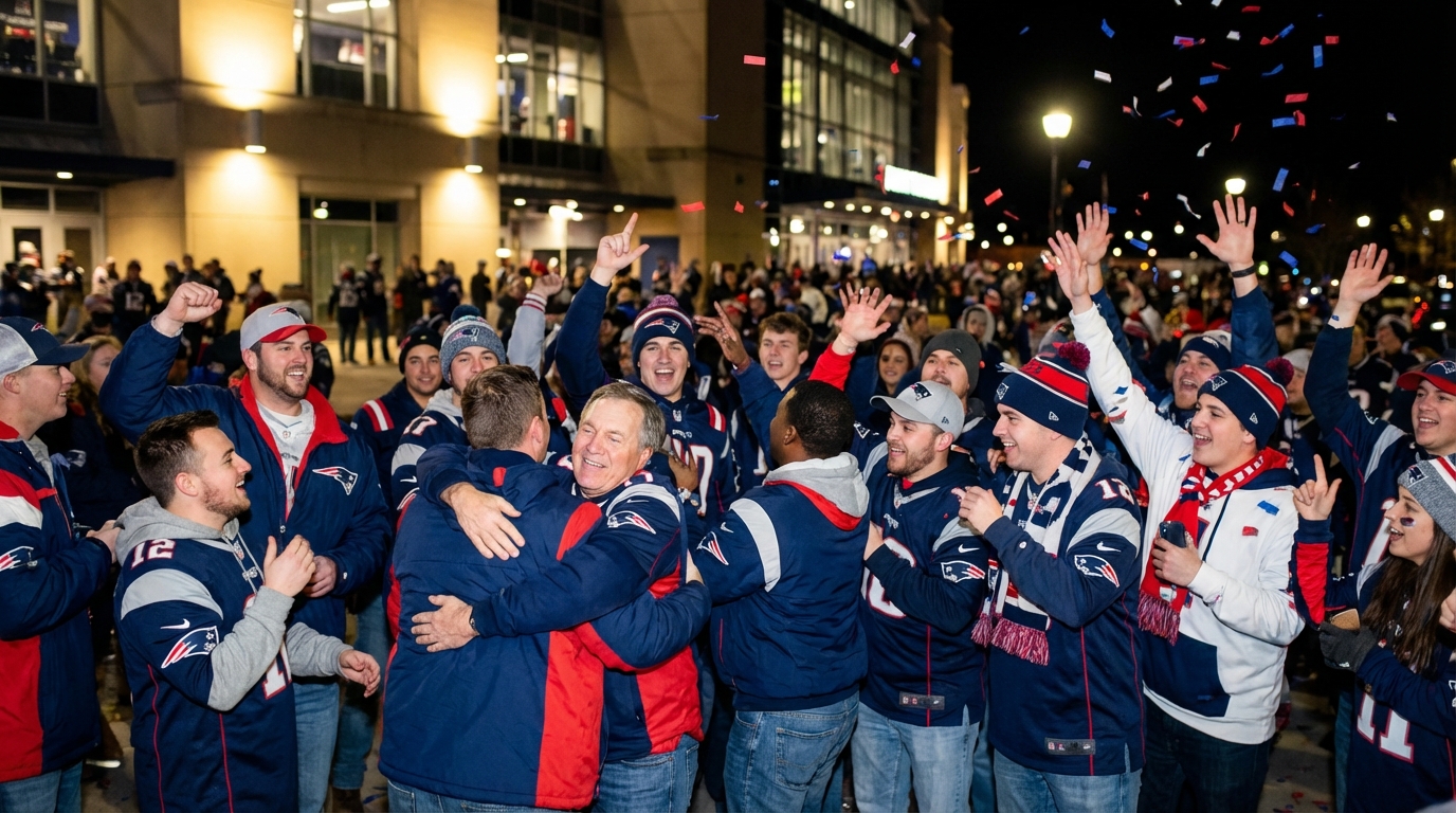 New England Patriots fans celebrating a Week 16 victory with confetti and stadium lights