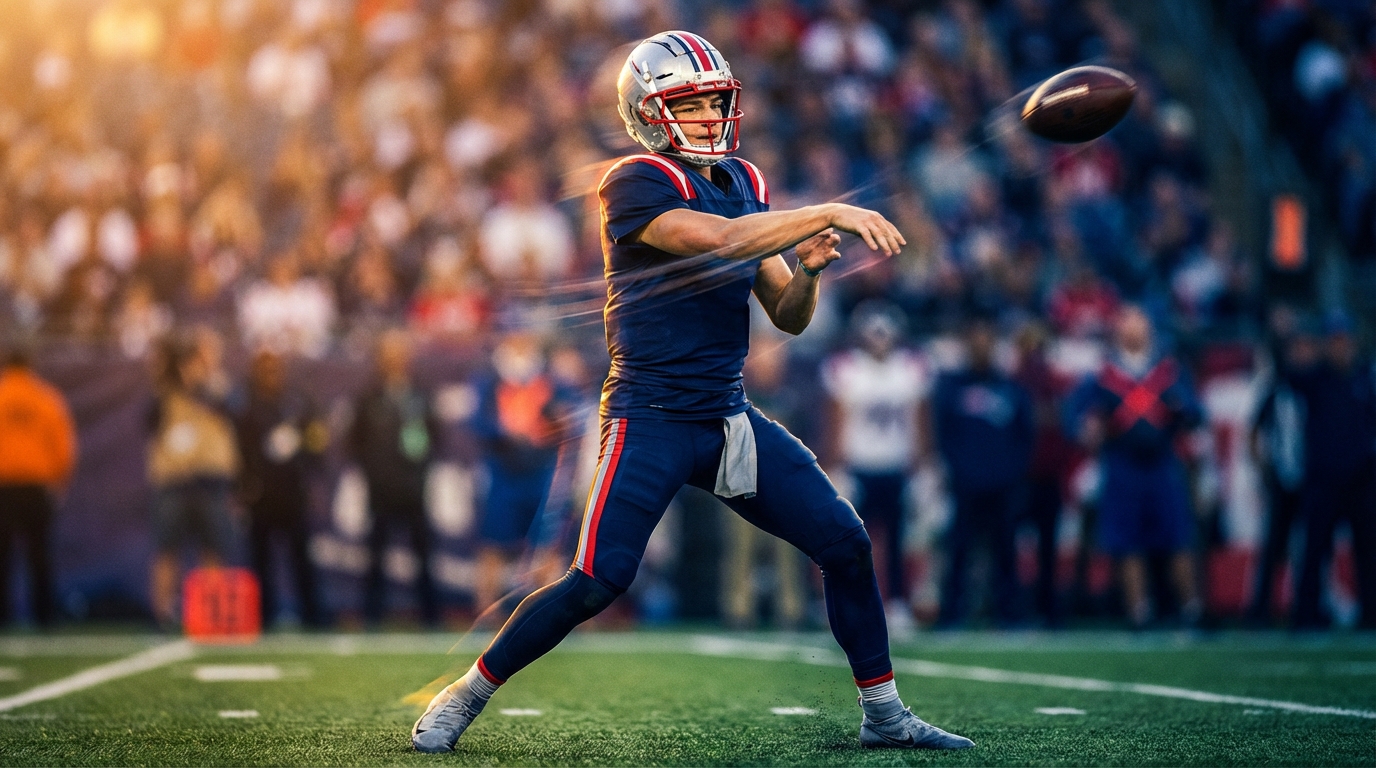 Drake Maye throwing a pass with stadium lights and crowd bokeh