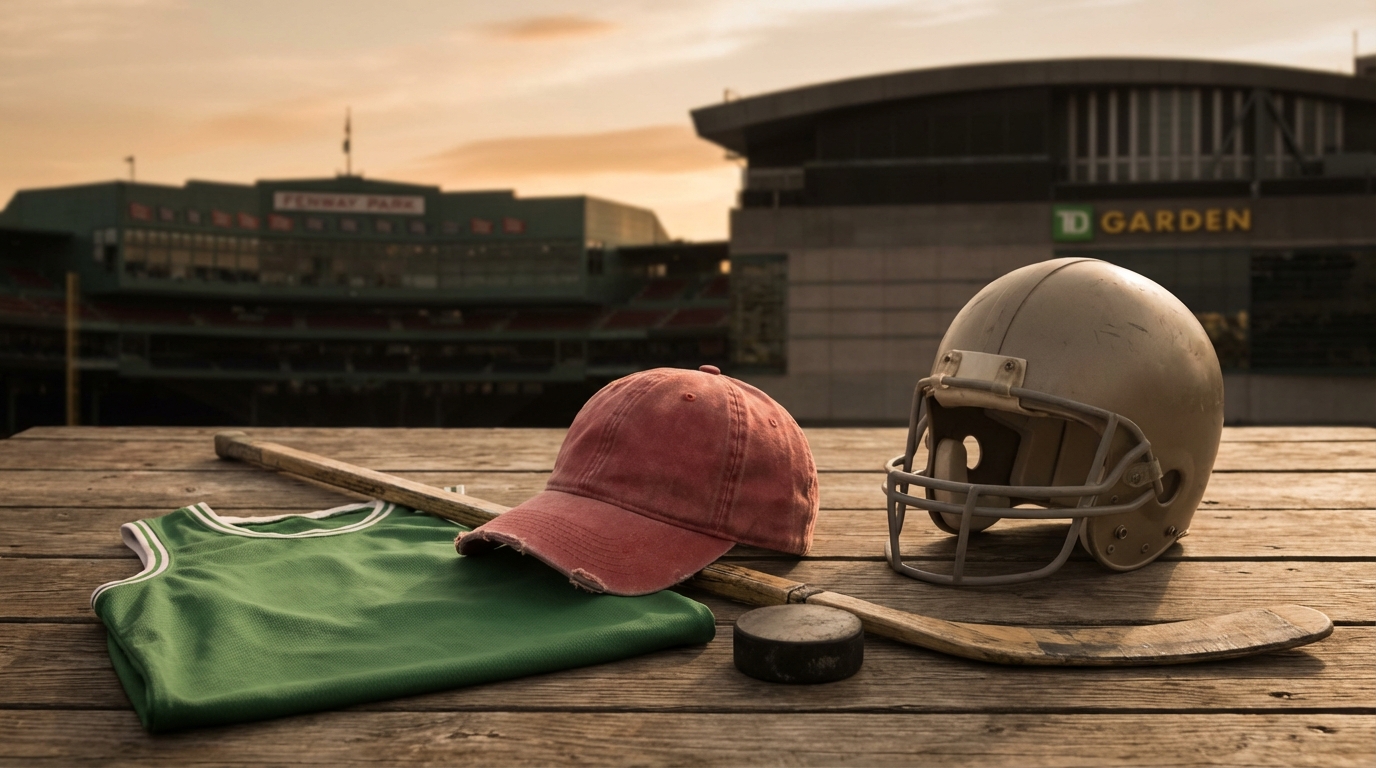 Tabletop of Boston sports memorabilia