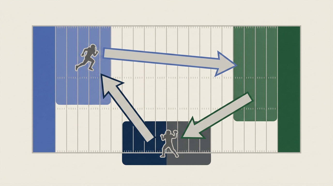 Stylized top-down football field with arrows showing player movement and two generic player silhouettes