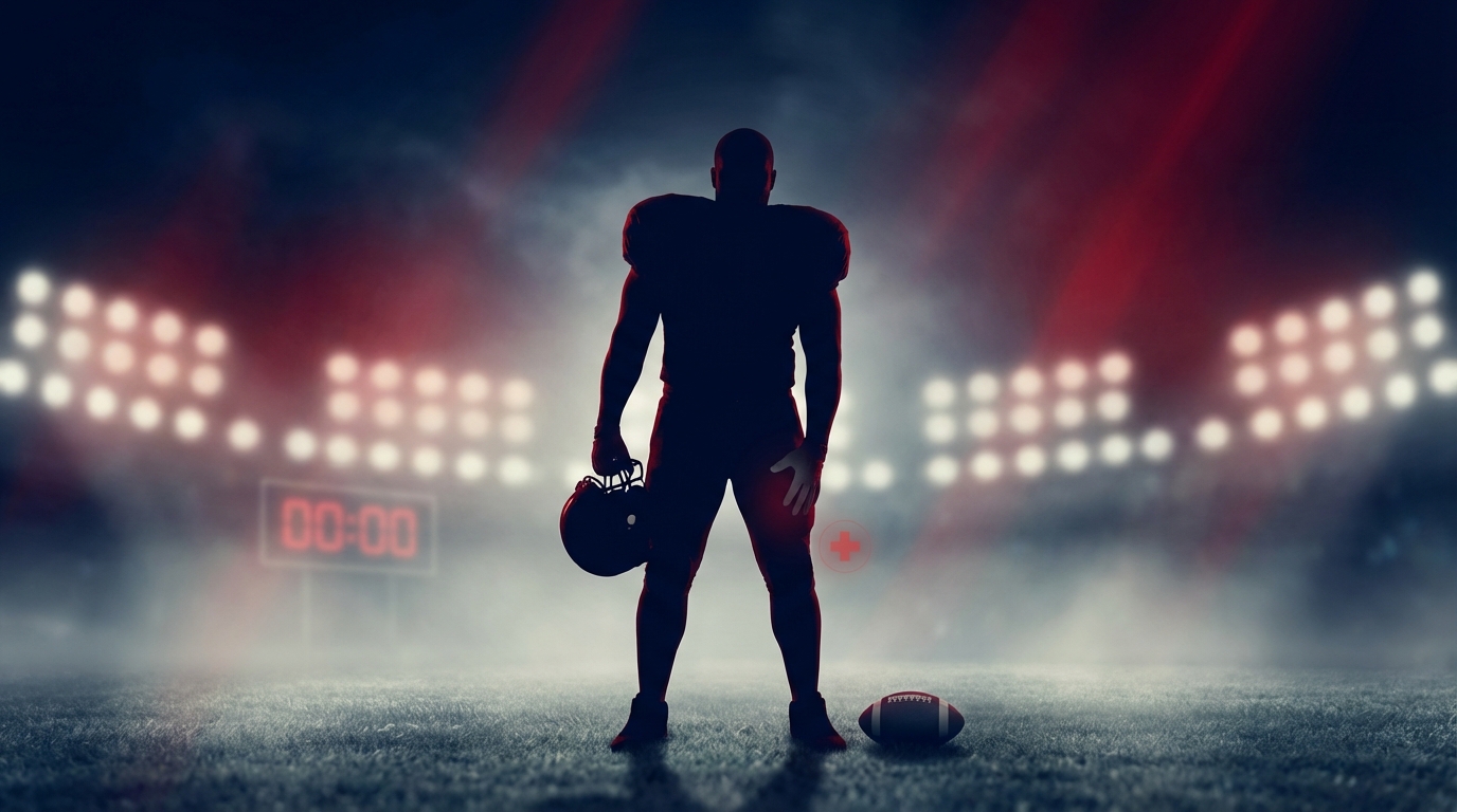 Silhouette of a lineman holding helmet and touching knee