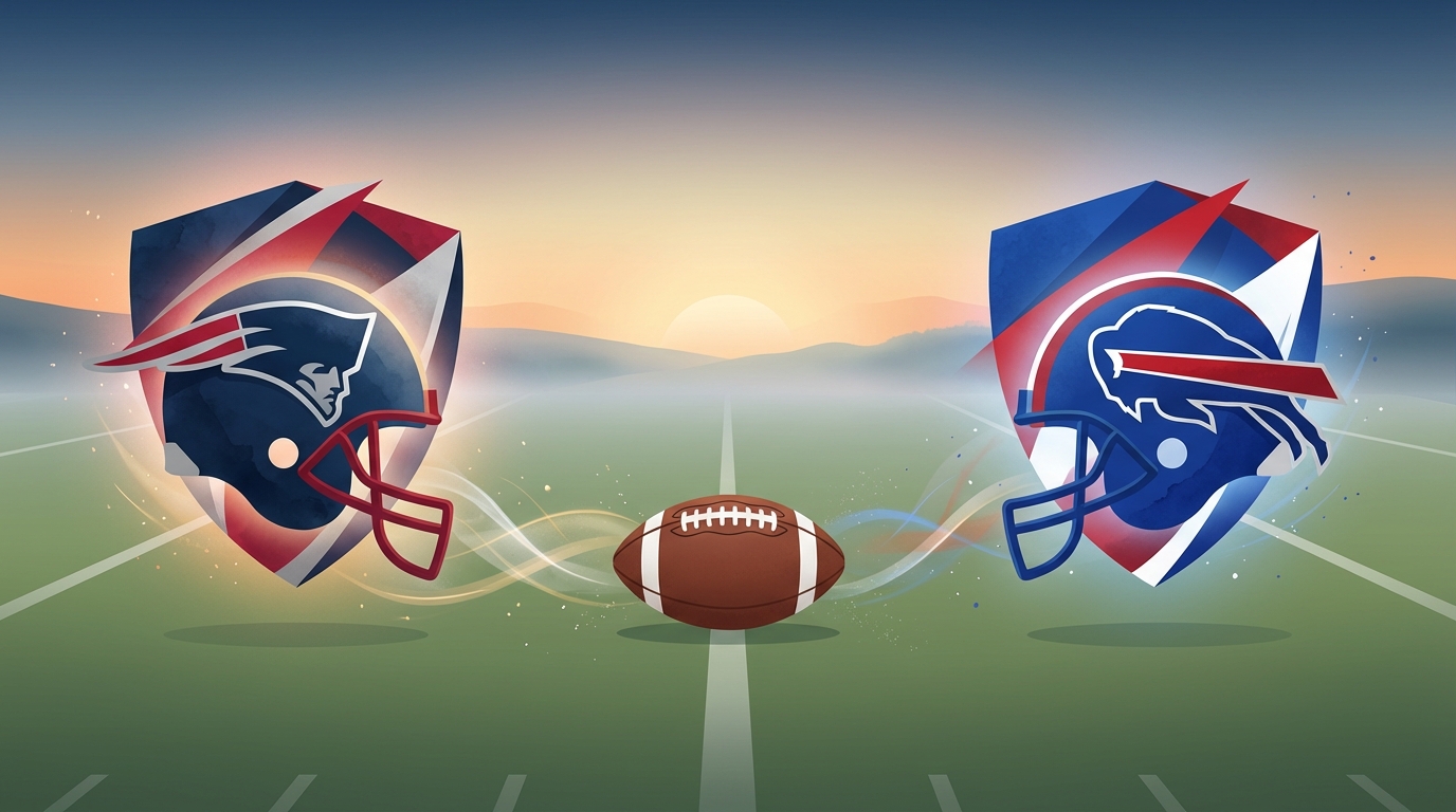 AFC East rivalry illustration showing abstract Patriots and Bills symbols on a dawn football field