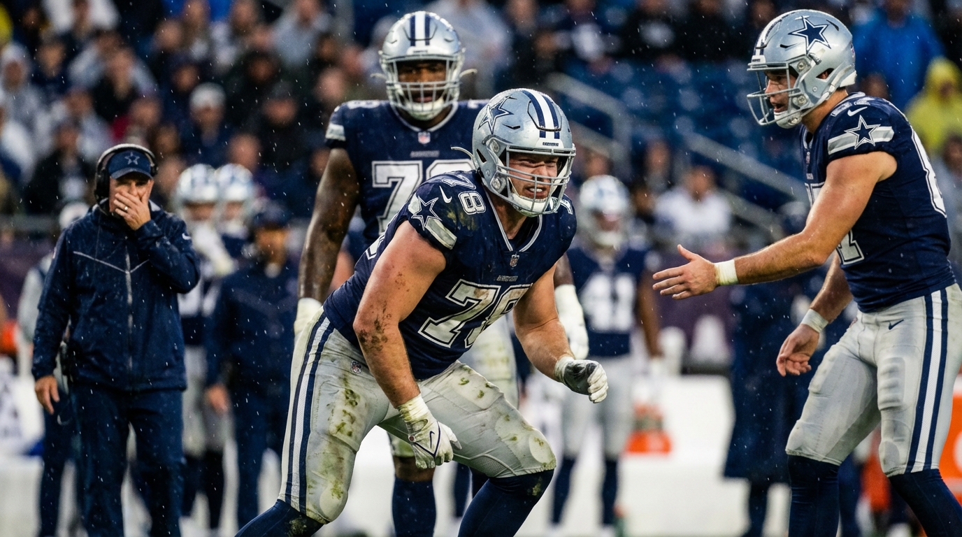 Will Campbell, Vederian Lowe, and Hunter Henry in a tense Patriots game under stadium lights with rain, conveying urgency and postseason stakes