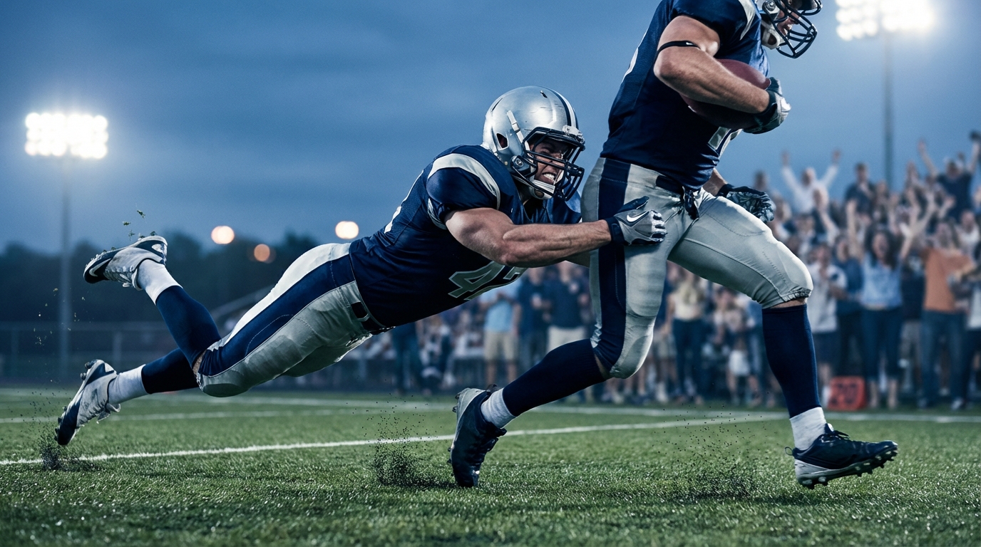 Football defender making an impactful play on the field