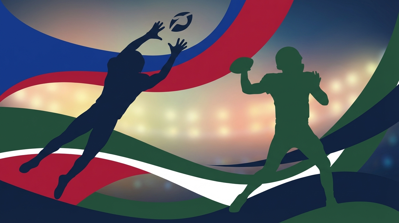 Editorial illustration of Brandin Cooks and Drake Maye with abstract team color banners