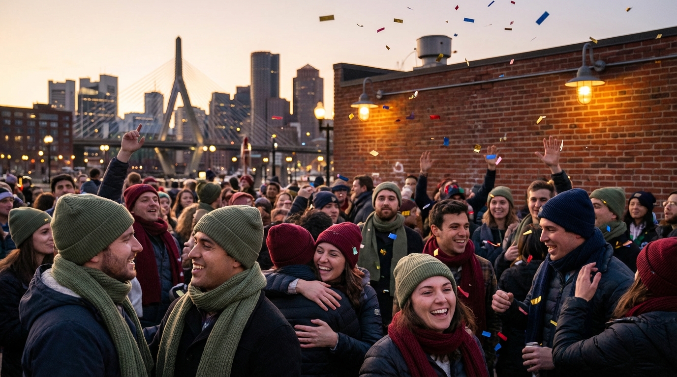 Boston sports fans cheering in a city plaza at dusk