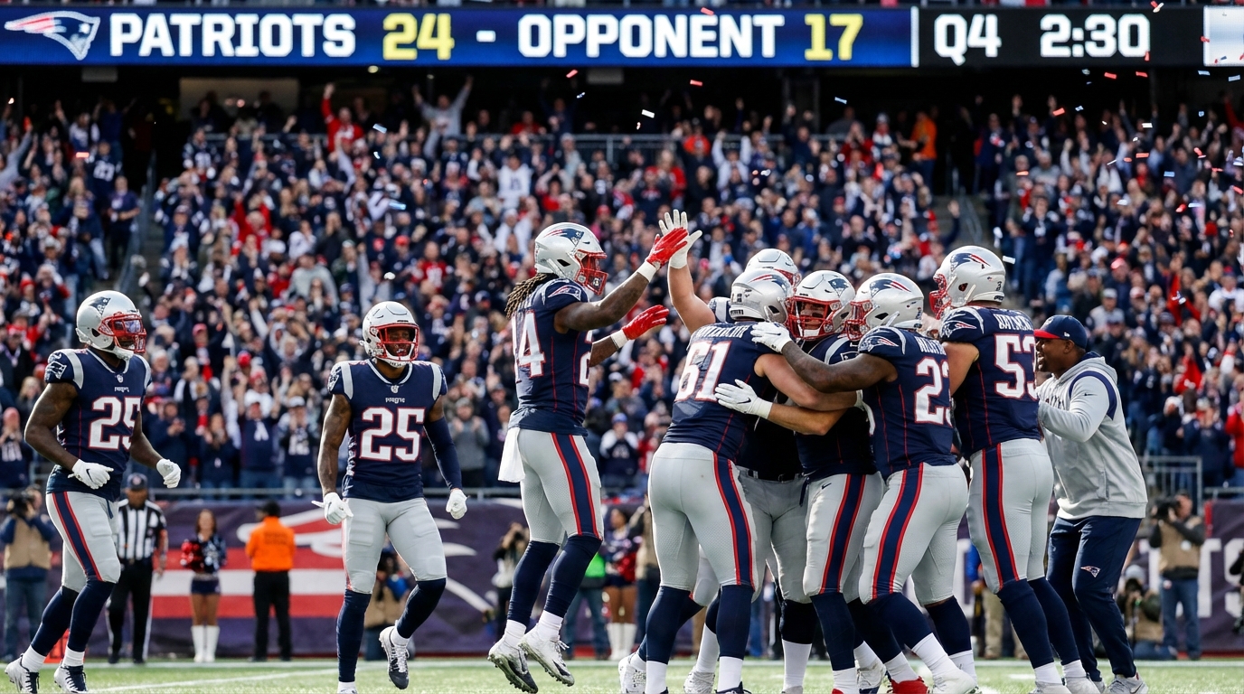 Patriots players celebrating on the field, fans cheering