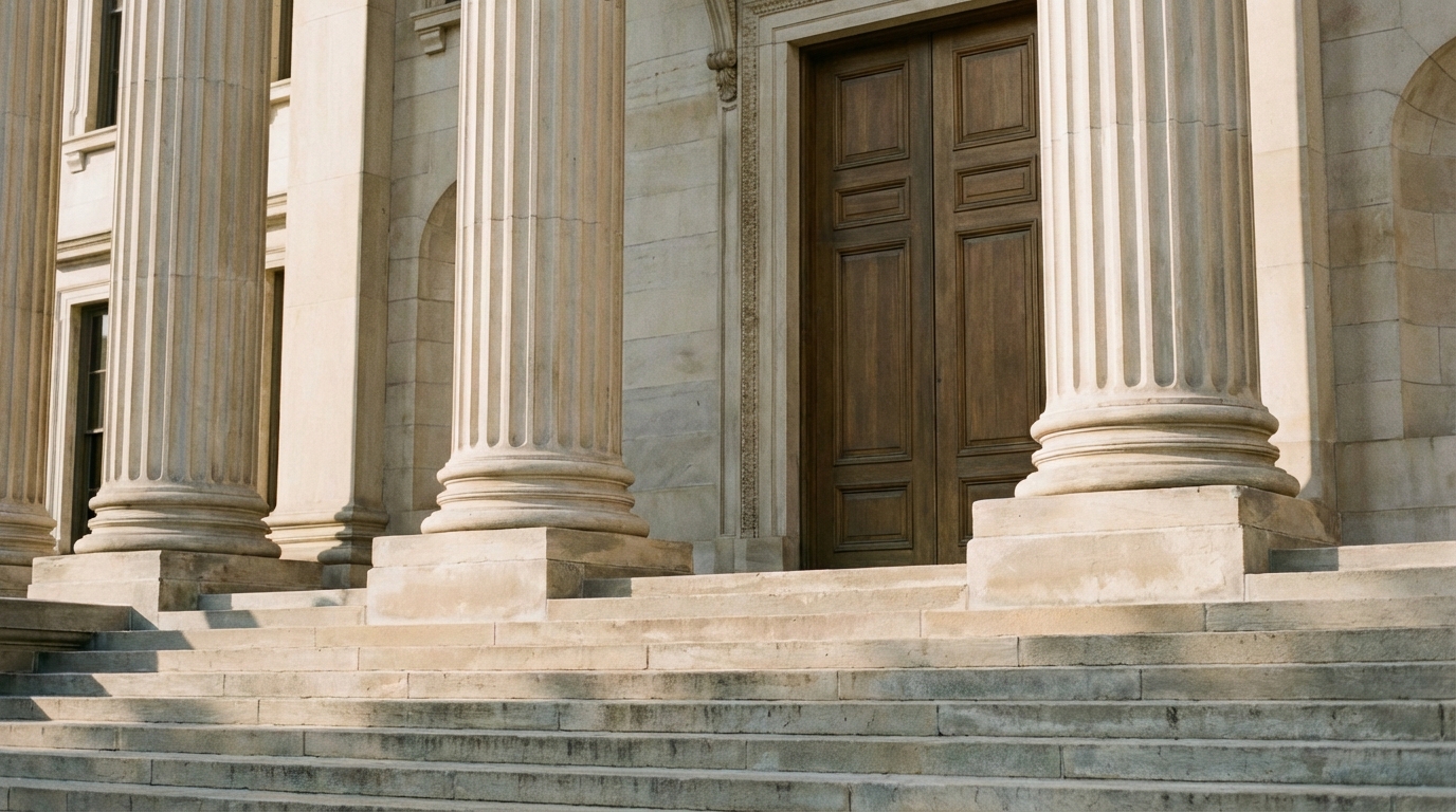 Courthouse steps and columns in soft morning light