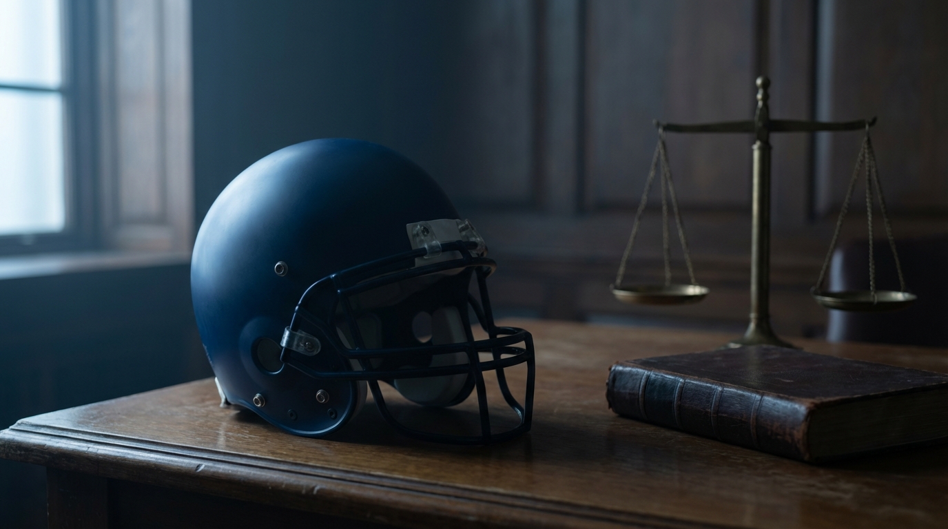 A shadowed football helmet beside legal scales and a closed legal notebook