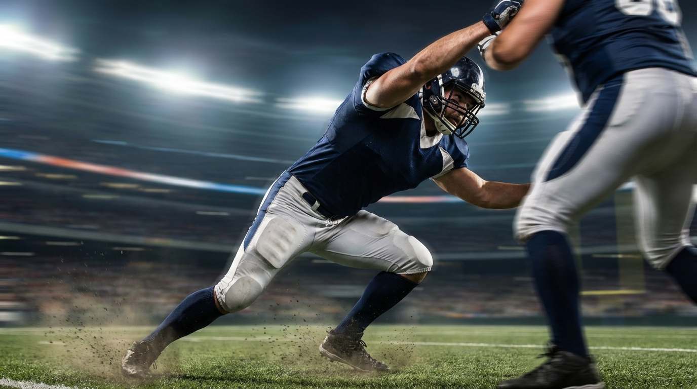 Edge rusher executing a powerful pass-rush move on a blurred stadium field