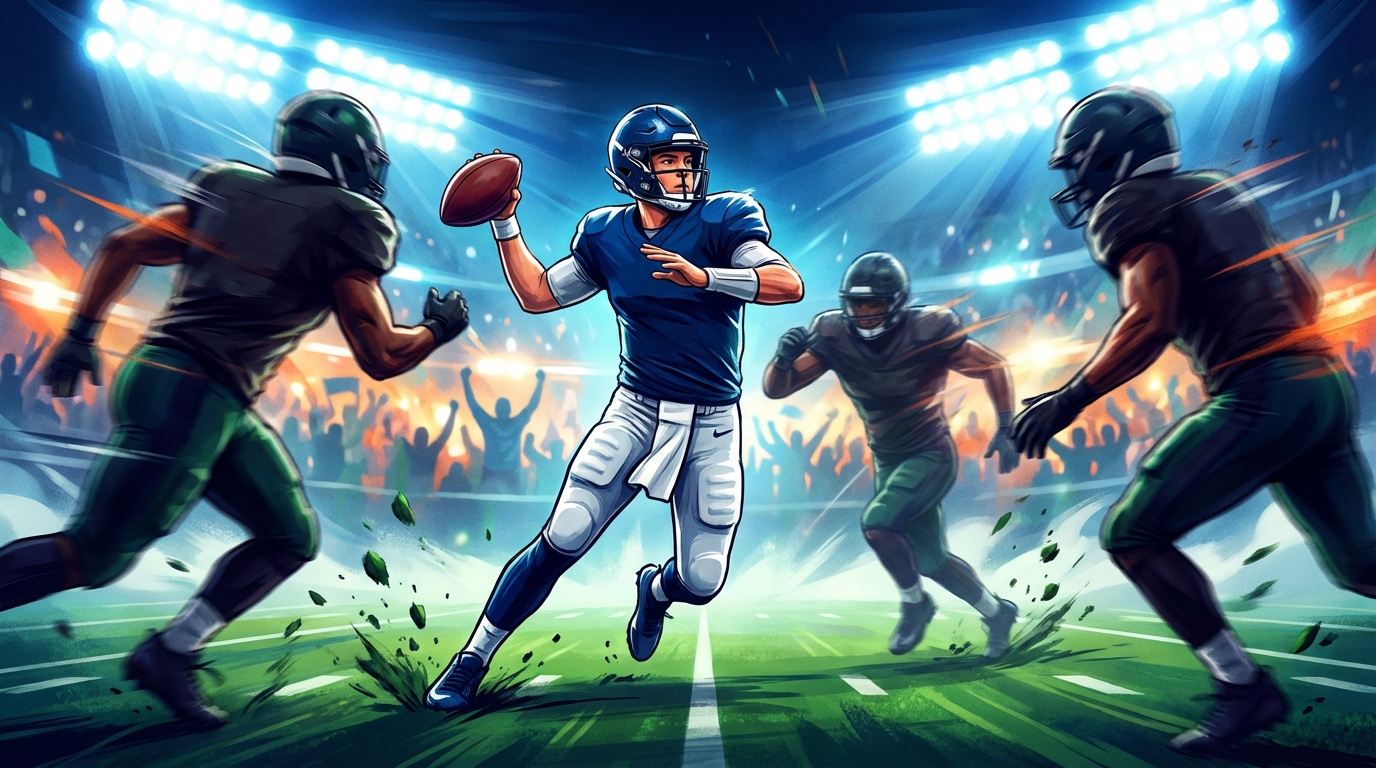 Quarterback facing intense defensive pressure with defenders closing in under stadium lights