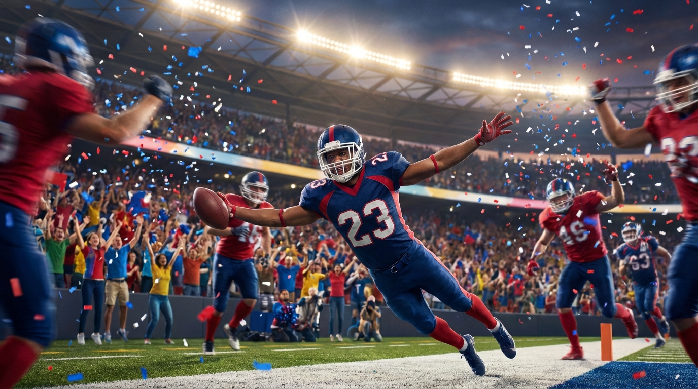 Game-winning touchdown celebration: running back crossing the goal line with teammates celebrating under stadium lights and confetti