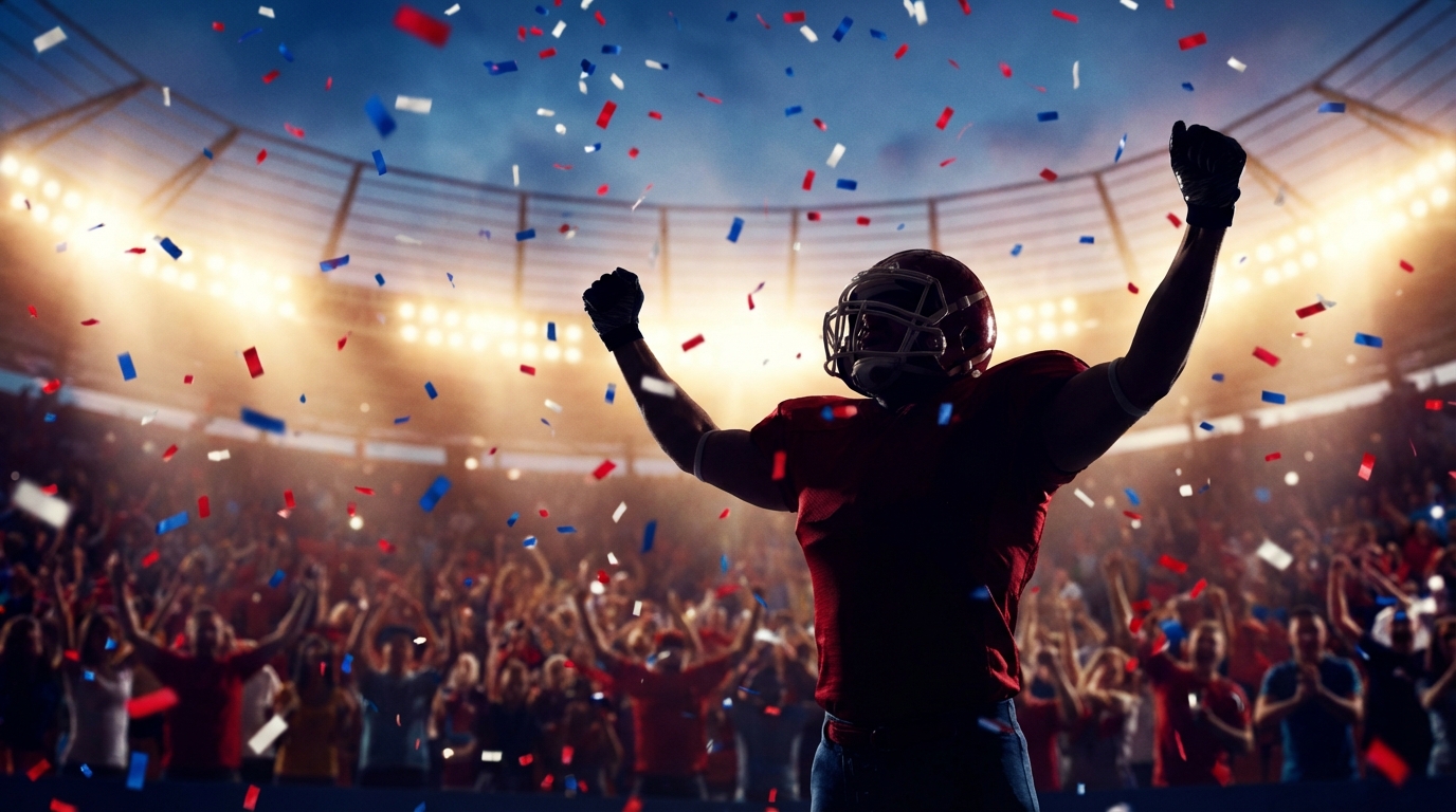 Packed stadium at twilight with cheering fans and a silhouette of a celebrating football player
