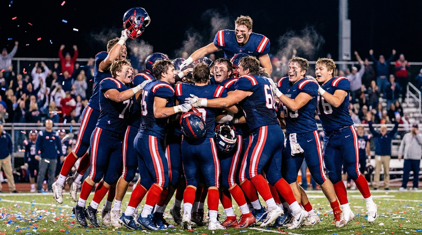 Patriots players celebrating on the field after comeback win