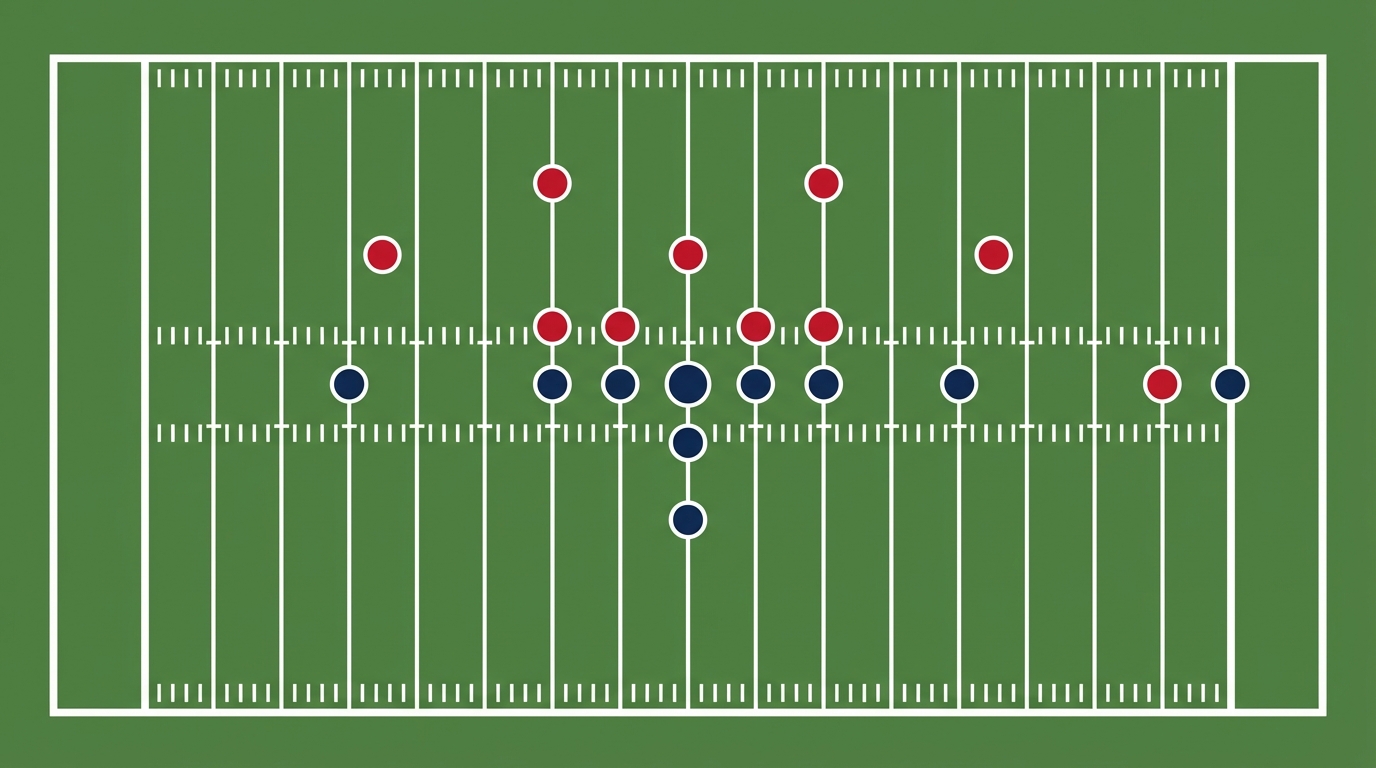 Top-down simplified football field showing player position markers