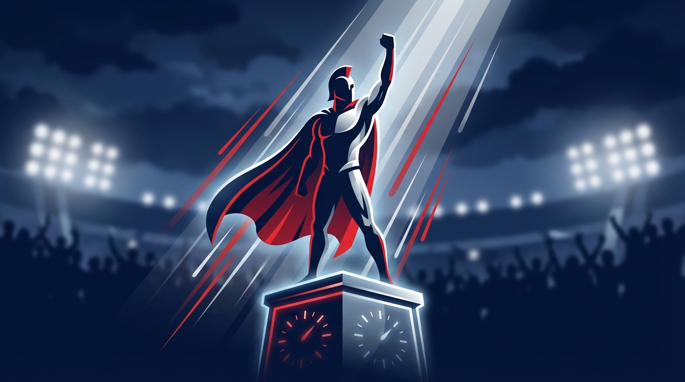 Stylized Patriot figure standing triumphant atop a scoreboard with navy blue red white and silver accents