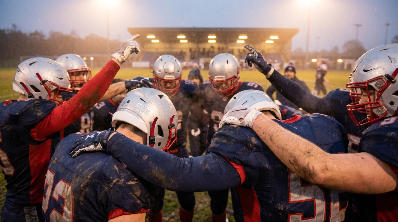 Patriots players in a tight huddle on the field at dusk, showing unity and resilience