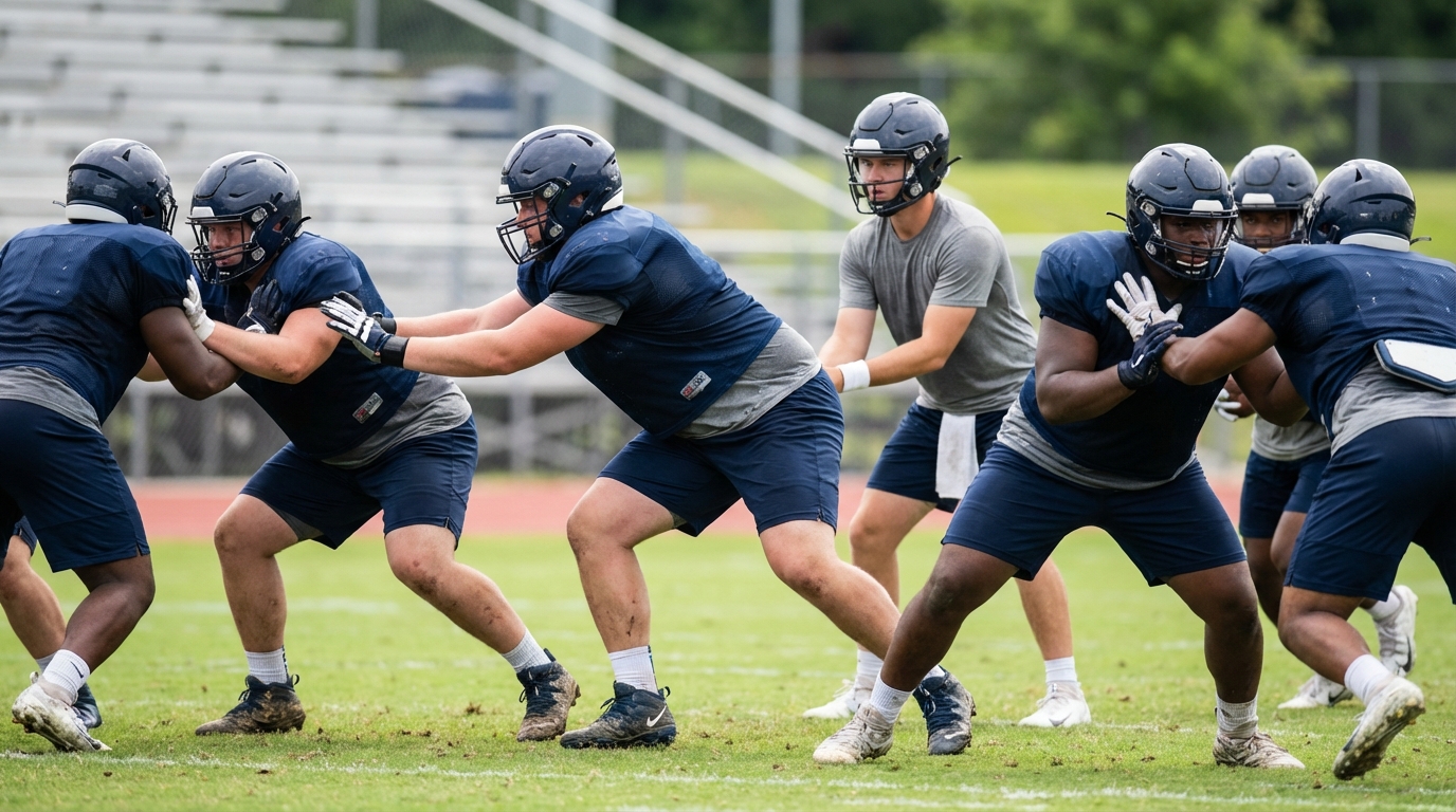 Side view of a generic football offensive line executing coordinated blocking in shotgun formation