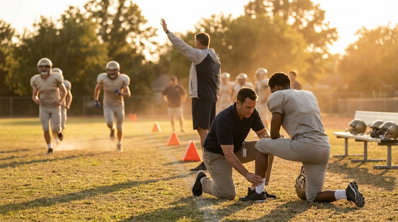 Football practice scene showing receivers running routes and a trainer examining an injured player on the sideline