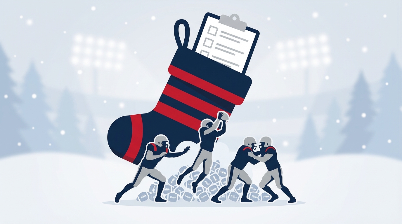Christmas stocking filled with football icons and player silhouettes
