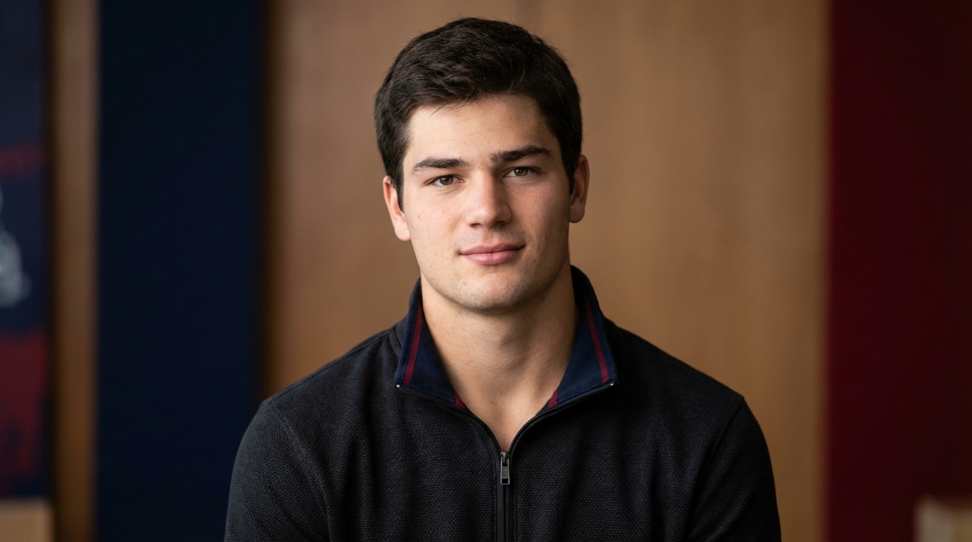 Drake Maye portrait conveying leadership and humility