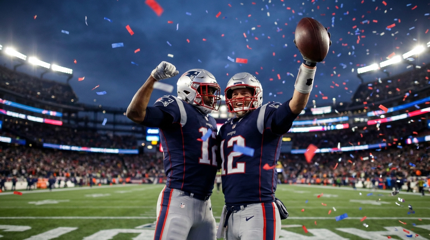 Two football players celebrating on field, one quarterback holding a football aloft and one cornerback mid leap, confetti falling, navy red and silver palette, no logos or text