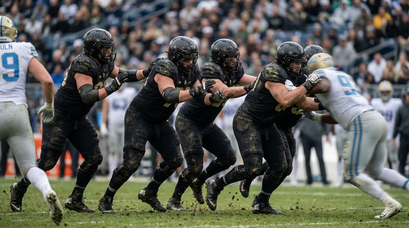 Offensive linemen in trench battle at the line of scrimmage