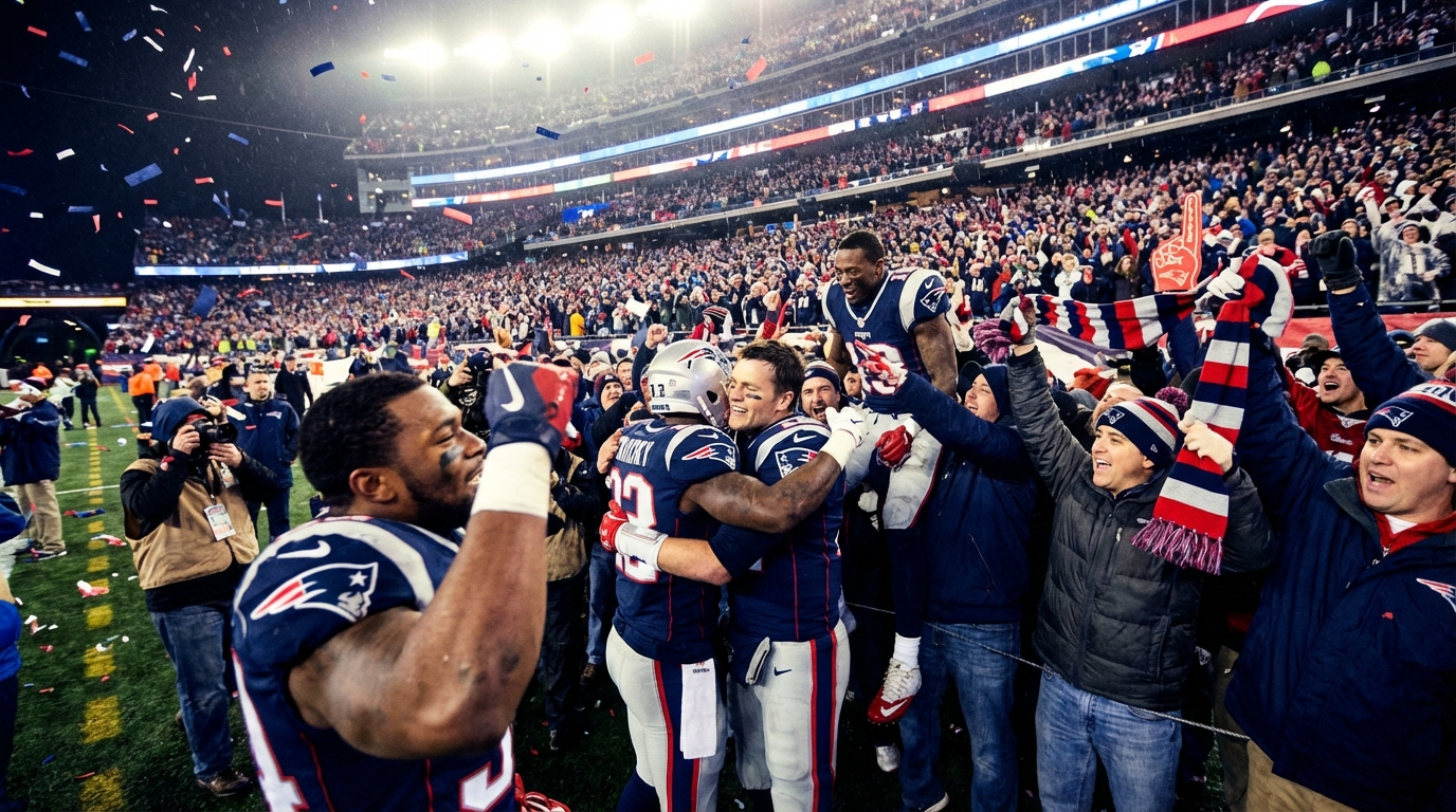Patriots players and fans celebrating under stadium lights with confetti and motion blur