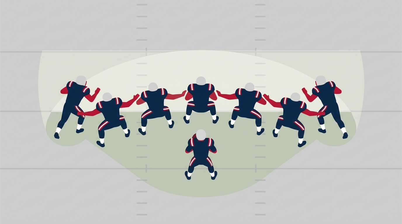 Birds-eye offensive line shield protecting quarterback