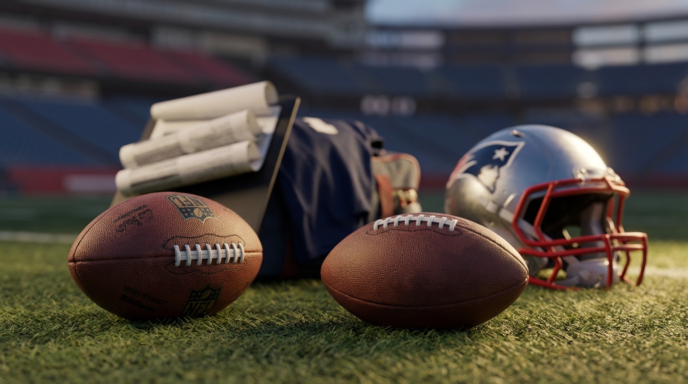 Close-up of an NFL football on practice turf with a navy and red Patriots practice helmet in soft focus