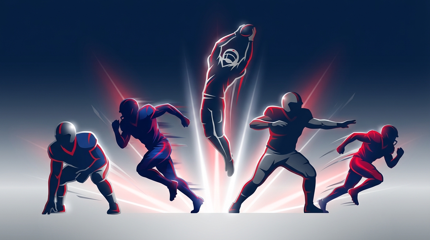 Silhouettes of five football players rising