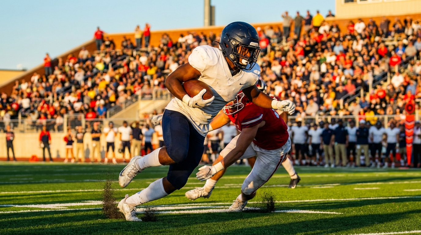 Action shot of a running back breaking a tackle