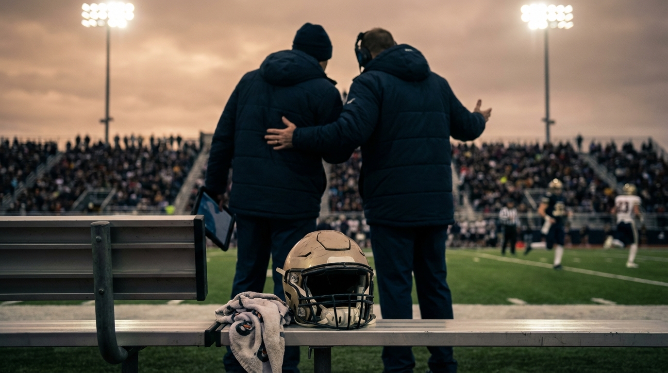 Empty quarterback helmet on sideline bench at dusk, conveying NFL Week 18 intensity and decision to rest players